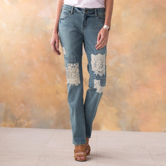 Sundance Magnolia Lace Straight Leg Mid Rise Boho Jeans - Picture 2 of 11
